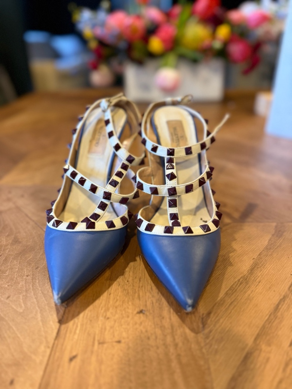 Pointed Blue Studded Strappy Women's Heels